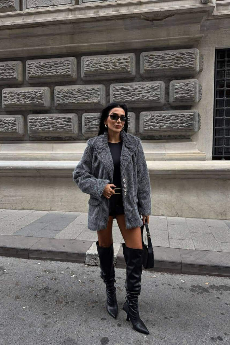 FUR DESIGN BUTTONED WOMAN JACKET GREY/GRI - 1