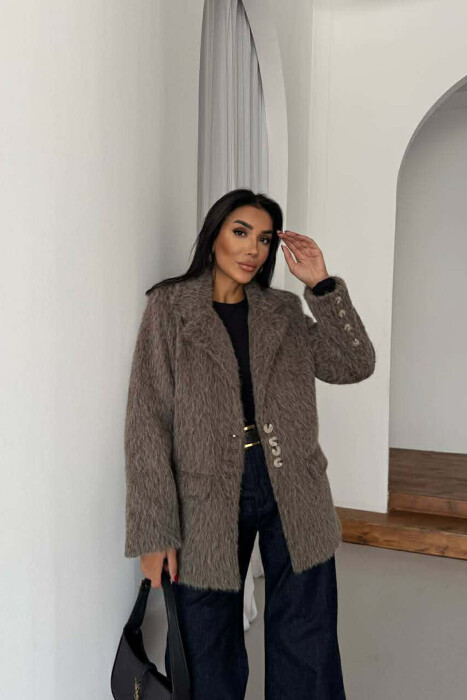 FUR DESIGN BUTTONED WOMAN JACKET LIGHT BROWN/KAZB 