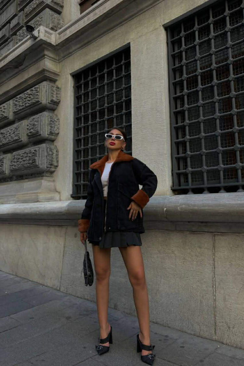 FUR DETAIL DENIM WOMEN JACKET BLACK-BROWN/ZEKA - 1