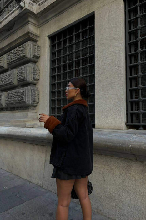 FUR DETAIL DENIM WOMEN JACKET BLACK-BROWN/ZEKA - 2