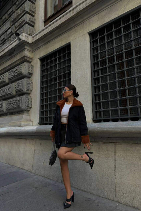 FUR DETAIL DENIM WOMEN JACKET BLACK-BROWN/ZEKA - 3