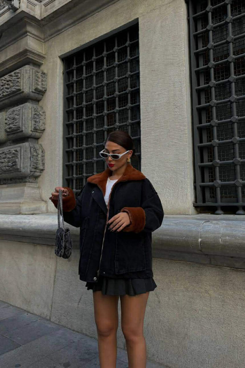 FUR DETAIL DENIM WOMEN JACKET BLACK-BROWN/ZEKA - 4