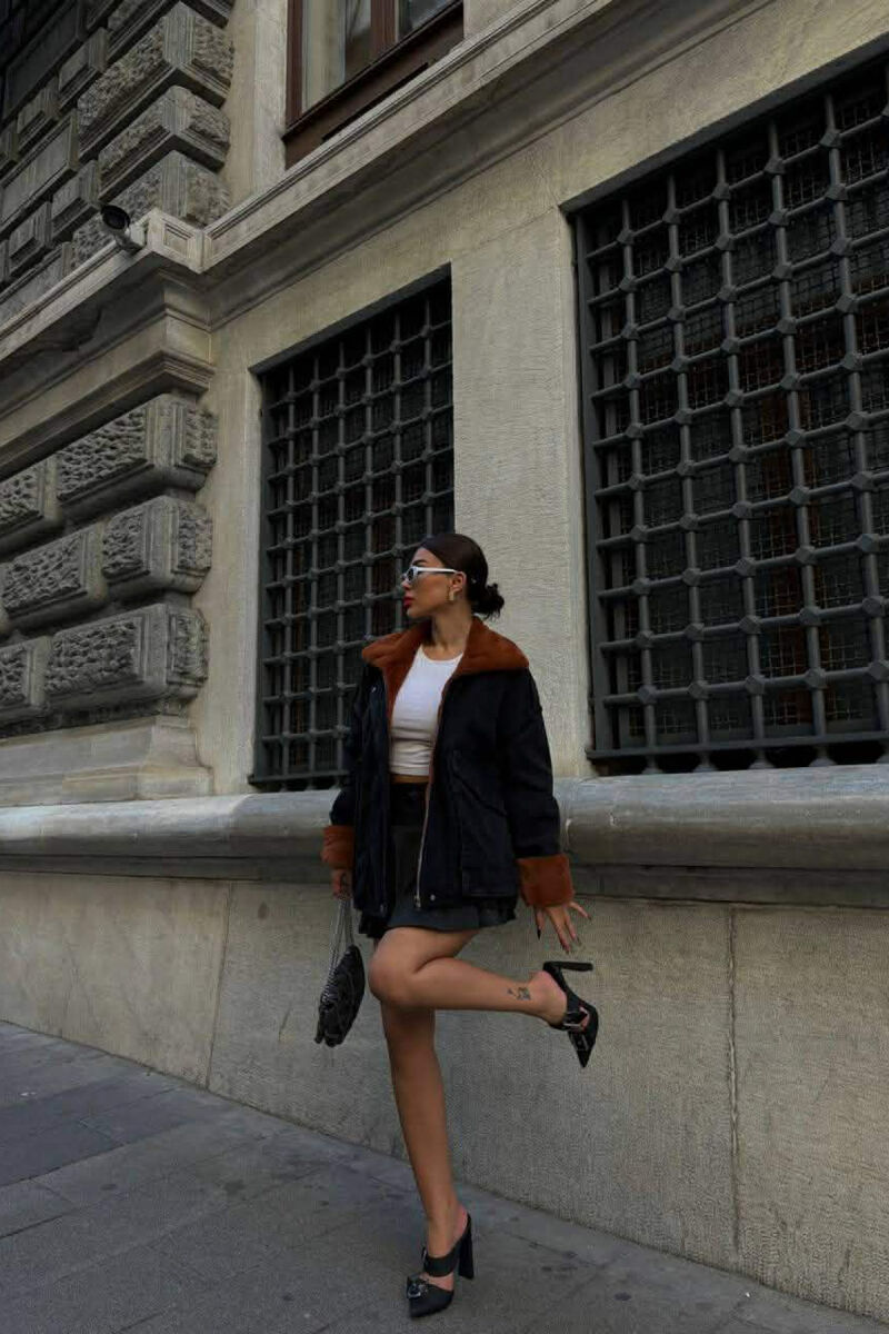 FUR DETAIL DENIM WOMEN JACKET BLACK-BROWN/ZEKA - 5