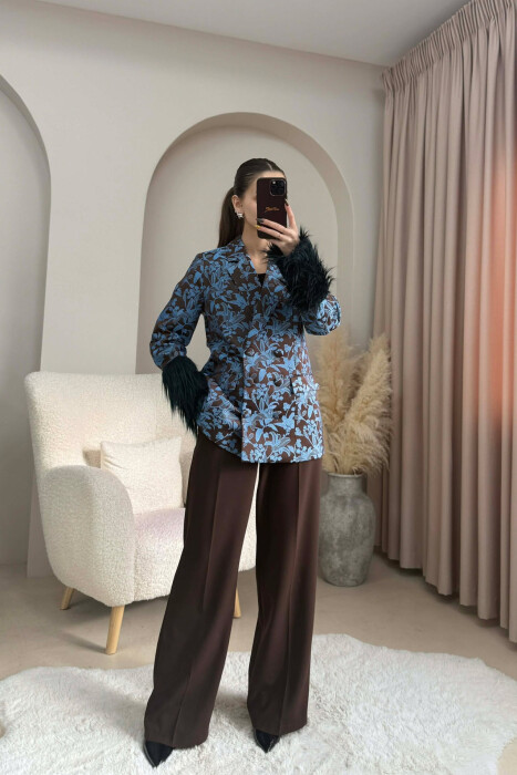 FUR DETAIL FLORAL DESIGN WOMEN JACKET BLUE/BLU - 1