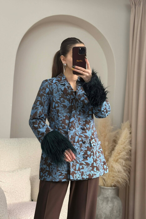 FUR DETAIL FLORAL DESIGN WOMEN JACKET BLUE/BLU - 2