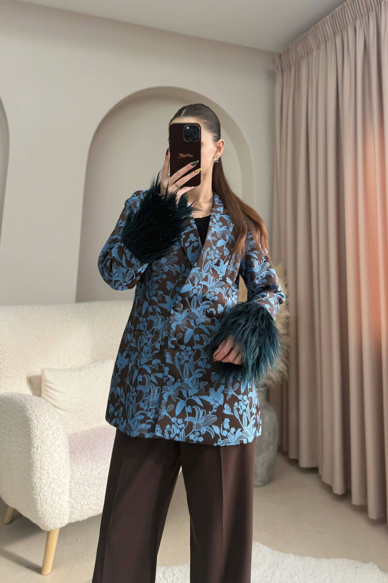 FUR DETAIL FLORAL DESIGN WOMEN JACKET BLUE/BLU - 3