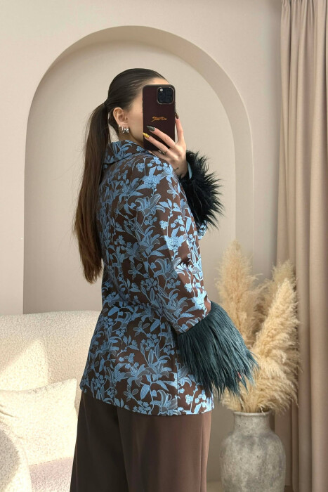 FUR DETAIL FLORAL DESIGN WOMEN JACKET BLUE/BLU - 4