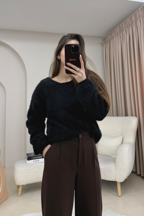 FUR DETAILED SOFT WOMAN SWEATER BLACK/ E ZEZE - KLAUDIO FASHION