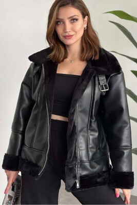 FUR INTERIOR DESIGN LEATHER WOMEN JACKET BLACK/ E ZEZE 