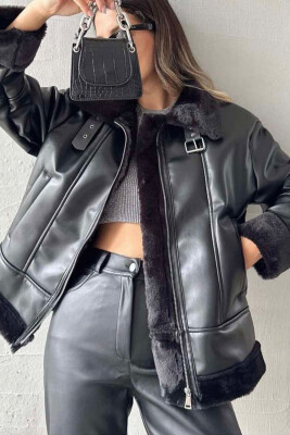 FUR INTERIOR DESIGN LEATHER WOMEN JACKET BLACK/ E ZEZE 