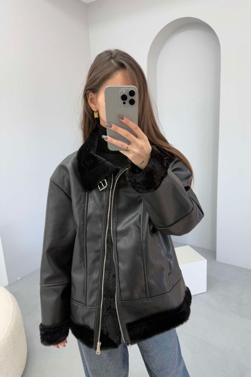 FUR INTERIOR DESIGN LEATHER WOMEN JACKET BLACK/ E ZEZE - 1