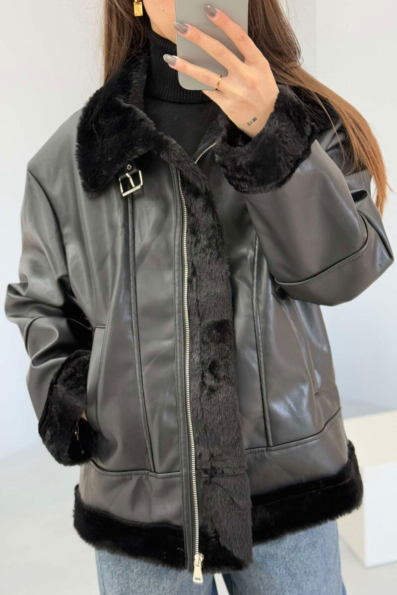 FUR INTERIOR DESIGN LEATHER WOMEN JACKET BLACK/ E ZEZE - 2