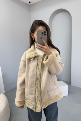 FUR INTERIOR DESIGN LEATHER WOMEN JACKET CREAM/KREM 