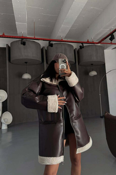 FUR INTERIOR DESIGN LEATHER WOMEN JACKET DARK BROWN/KAE - KLAUDIO FASHION