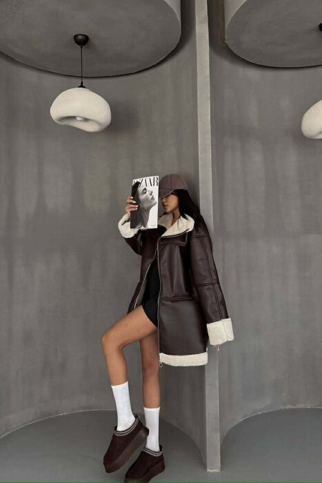 FUR INTERIOR DESIGN LEATHER WOMEN JACKET DARK BROWN/KAE - 4