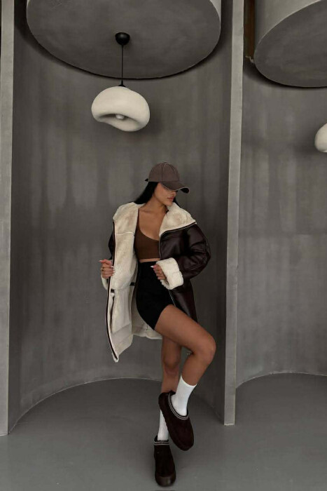 FUR INTERIOR DESIGN LEATHER WOMEN JACKET DARK BROWN/KAE - 5