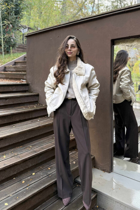 FUR INTERIOR DESIGN LEATHER WOMEN JACKET CREAM/KREM - KLAUDIO FASHION