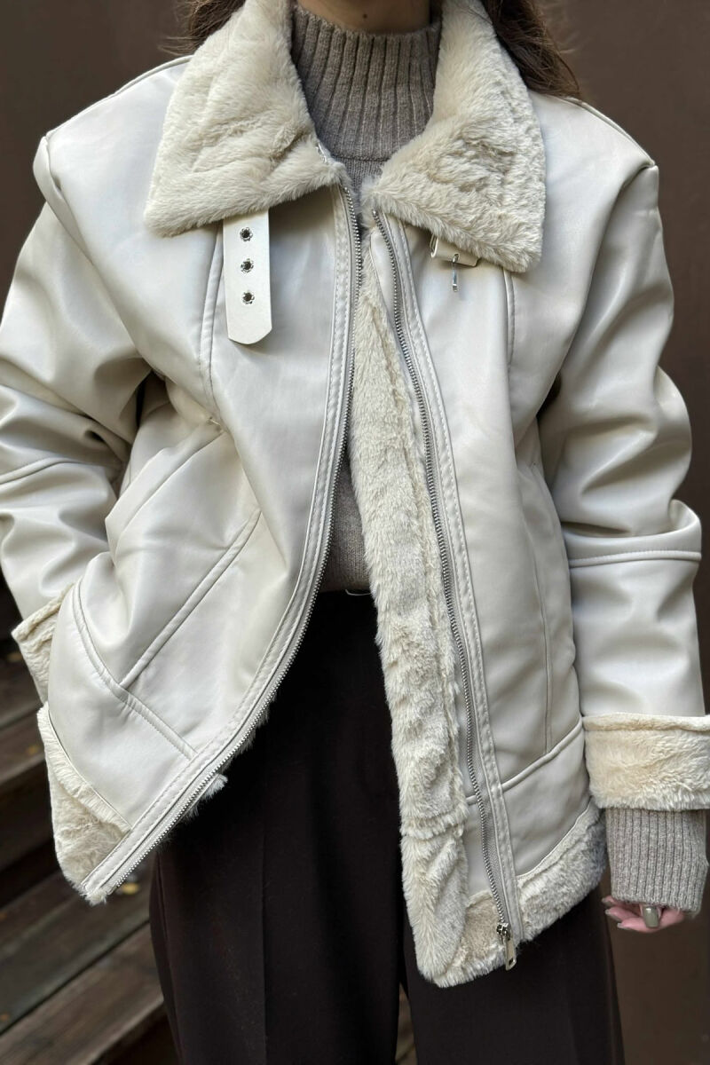 FUR INTERIOR DESIGN LEATHER WOMEN JACKET CREAM/KREM - 6