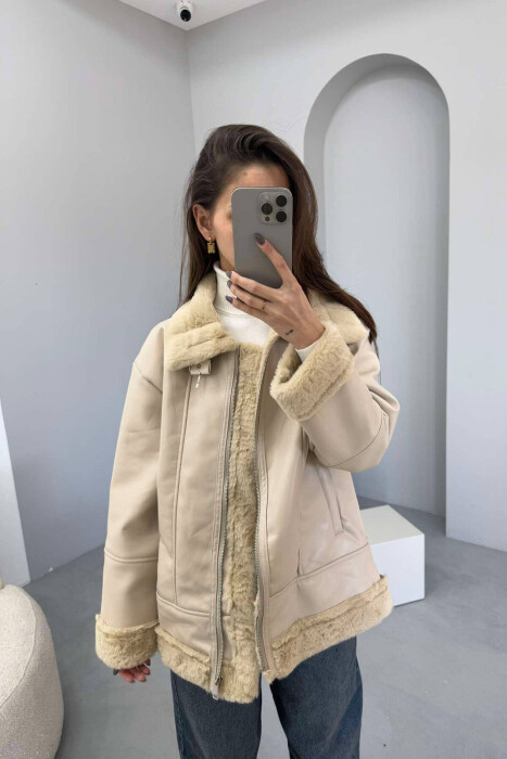 FUR INTERIOR DESIGN LEATHER WOMEN JACKET IN CREAM COLOR - 7