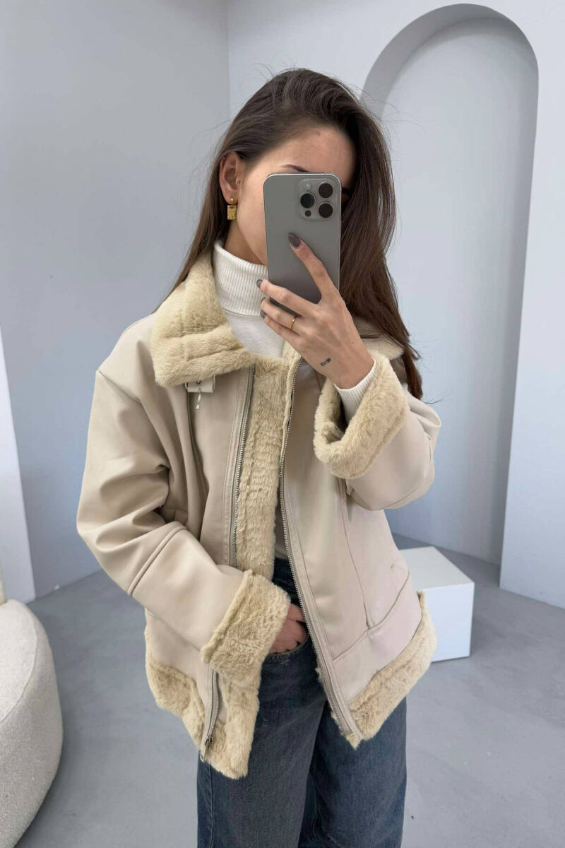 FUR INTERIOR DESIGN LEATHER WOMEN JACKET IN CREAM COLOR - 9