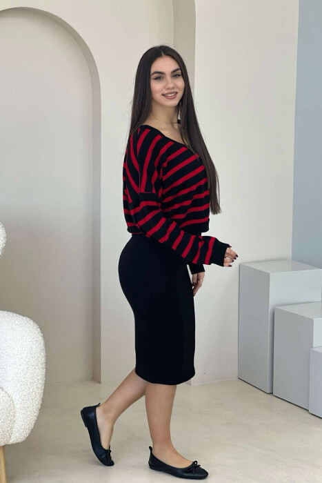 FUSTAN + BLUZË ME VIJA NË NGJYRËS TË ZEZË DHE TË KUQE 