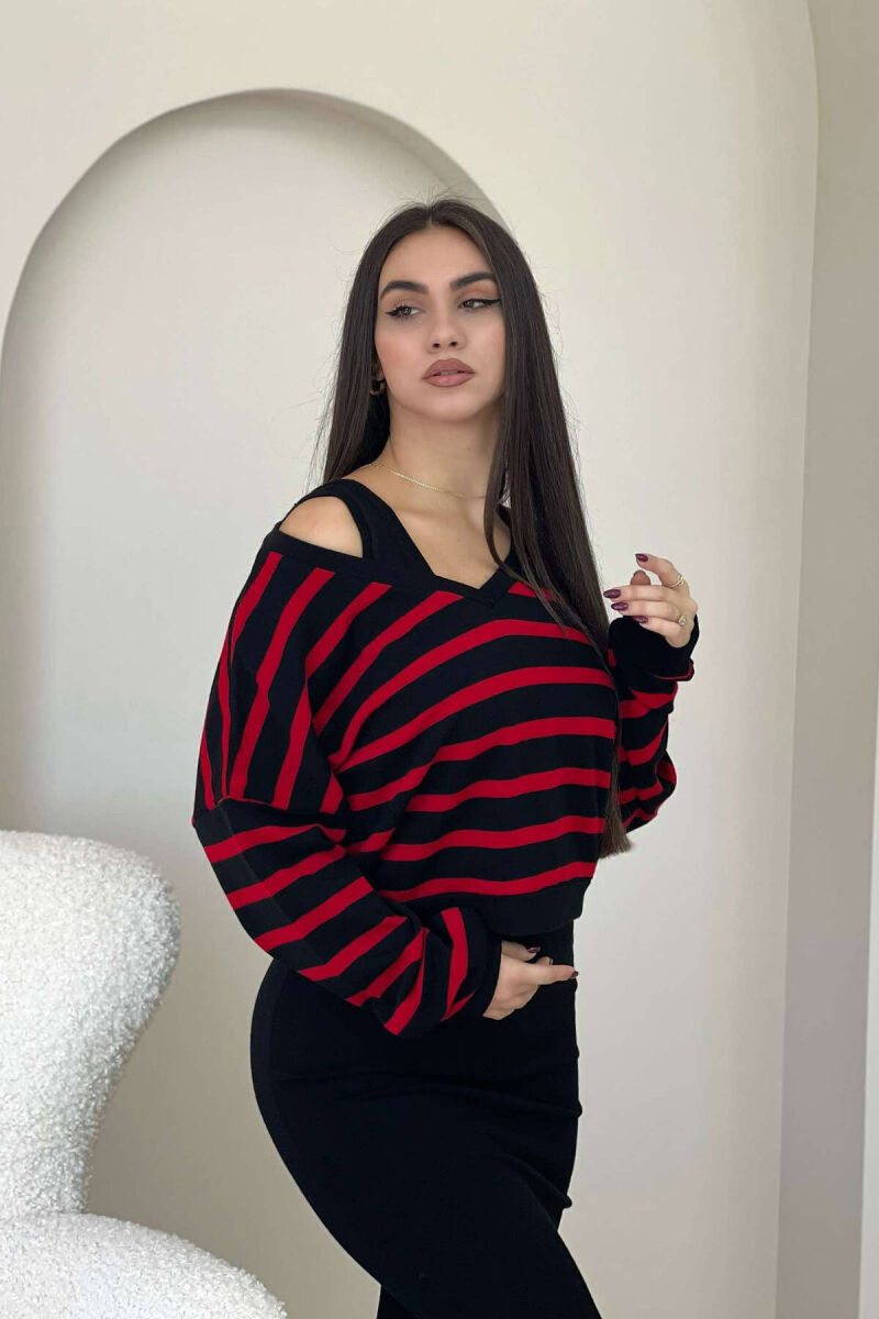 FUSTAN + BLUZË ME VIJA NË NGJYRËS TË ZEZË DHE TË KUQE - 2