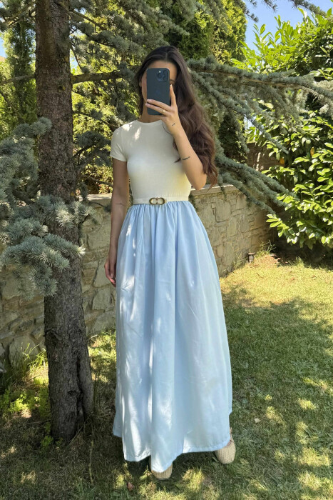 FUSTAN I GJATË ME DETAJIN E RRIPIT PËR FEMRA NË NGJYRËN BABY BLUE - 2