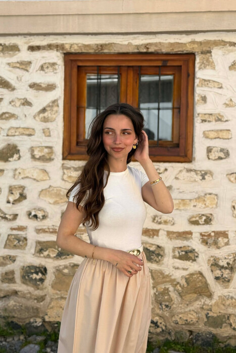 FUSTAN I GJATË ME DETAJIN E RRIPIT PËR FEMRA NË NGJYRËN BEZHË E ZBARDHUR - 2