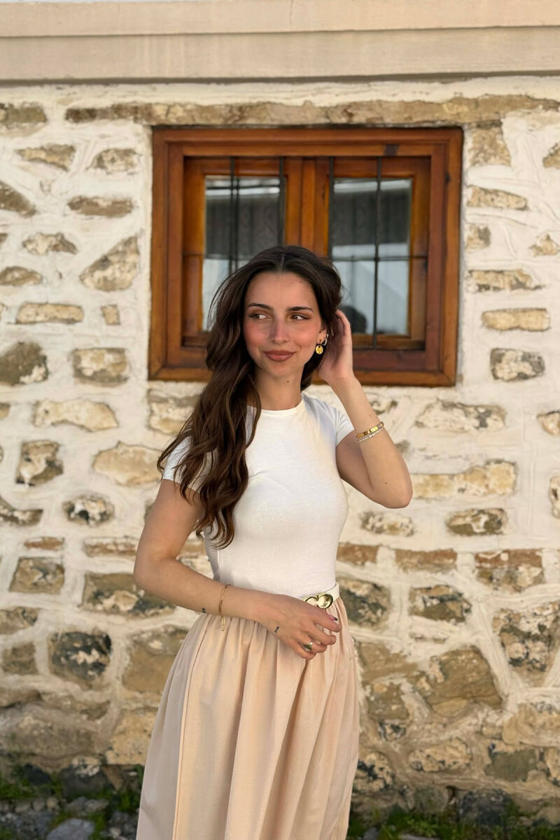 FUSTAN I GJATË ME DETAJIN E RRIPIT PËR FEMRA NË NGJYRËN BEZHË E ZBARDHUR - 2