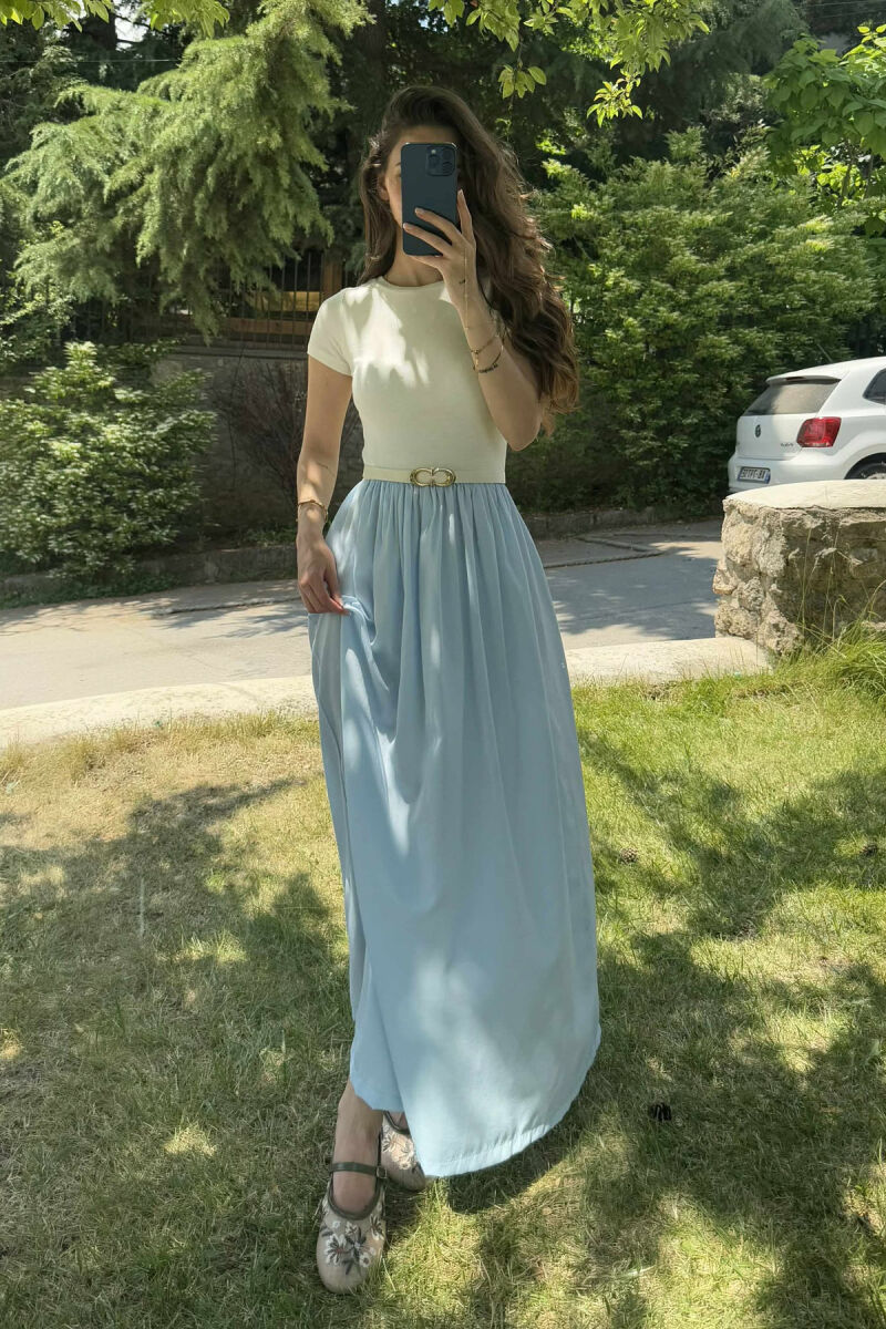 FUSTAN I GJATË ME DETAJIN E RRIPIT PËR FEMRA NË NGJYRËN BLU E ZBARDHUR - 2