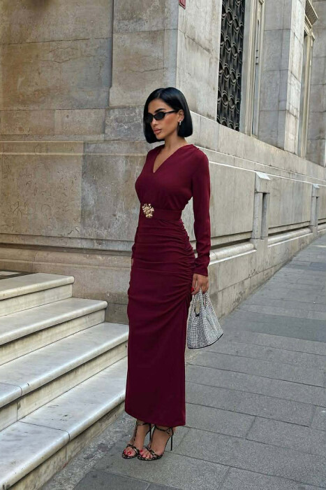 FUSTAN I GJATE NJE NGJYRESH ME JAKE V DHE RRIP ME DATAJ GOLD PER FEMRA NE NGJYRE VISHNJE - 3