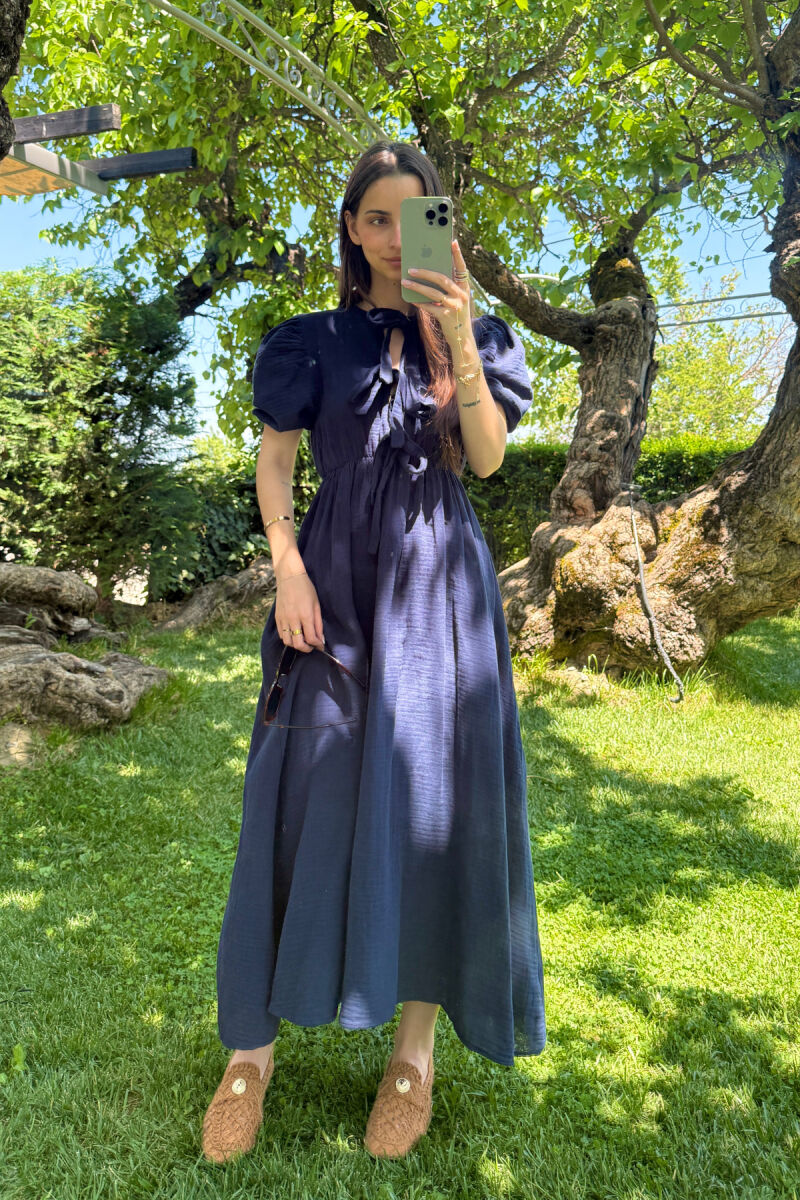 FUSTAN LINO I GJATË ME DETAJIN E LIDHSES PËR FEMRA NË NGJYRËN BLU E ERRËT - 3