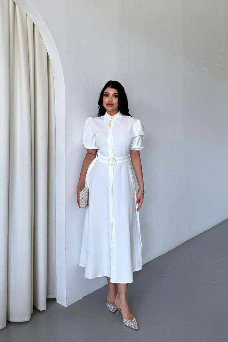 FUSTAN NJË NGJYRËSH ME JAKË POLO DHE LIDHËSE NË BEL PËR FEMRA NË NGJYRË TË BARDHË - 1