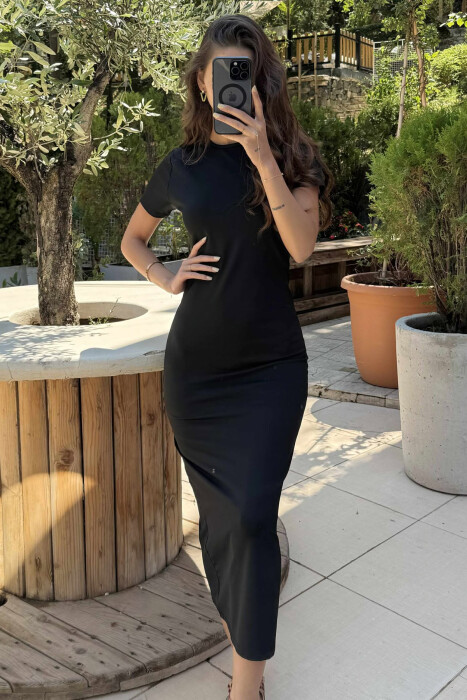 FUSTAN NJË NGJYRËSH ME MËNGË TË SHKURTRA PËR FEMRA NË NGJYRË TË ZEZË - 2