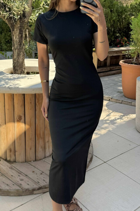 FUSTAN NJË NGJYRËSH ME MËNGË TË SHKURTRA PËR FEMRA NË NGJYRË TË ZEZË - 3