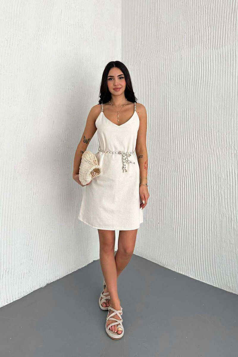 FUSTAN NJË NGJYRËSH PËR FEMRA ME RRIPA TË HOLLË DHE ME LIDHËSE NË BELI NË NGJYRË KREM - 1