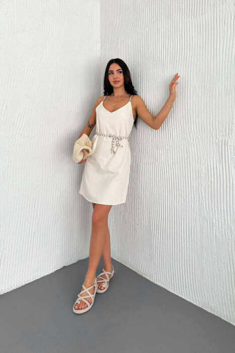 FUSTAN NJË NGJYRËSH PËR FEMRA ME RRIPA TË HOLLË DHE ME LIDHËSE NË BELI NË NGJYRË KREM - 2