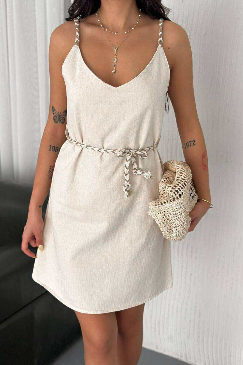 FUSTAN NJË NGJYRËSH PËR FEMRA ME RRIPA TË HOLLË DHE ME LIDHËSE NË BELI NË NGJYRË KREM - 3