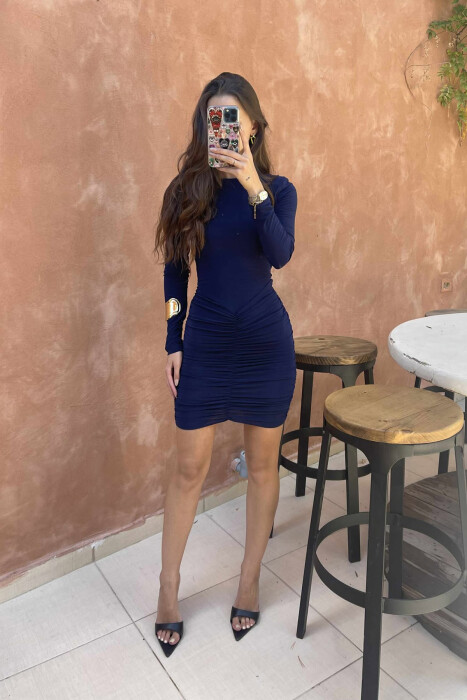 FUSTAN NJËNGJYRËSH I SHKURTËR ME MËNGË TË GJATA PËR FEMRA NË NGJYRËN BLU TË ERRËT - 1