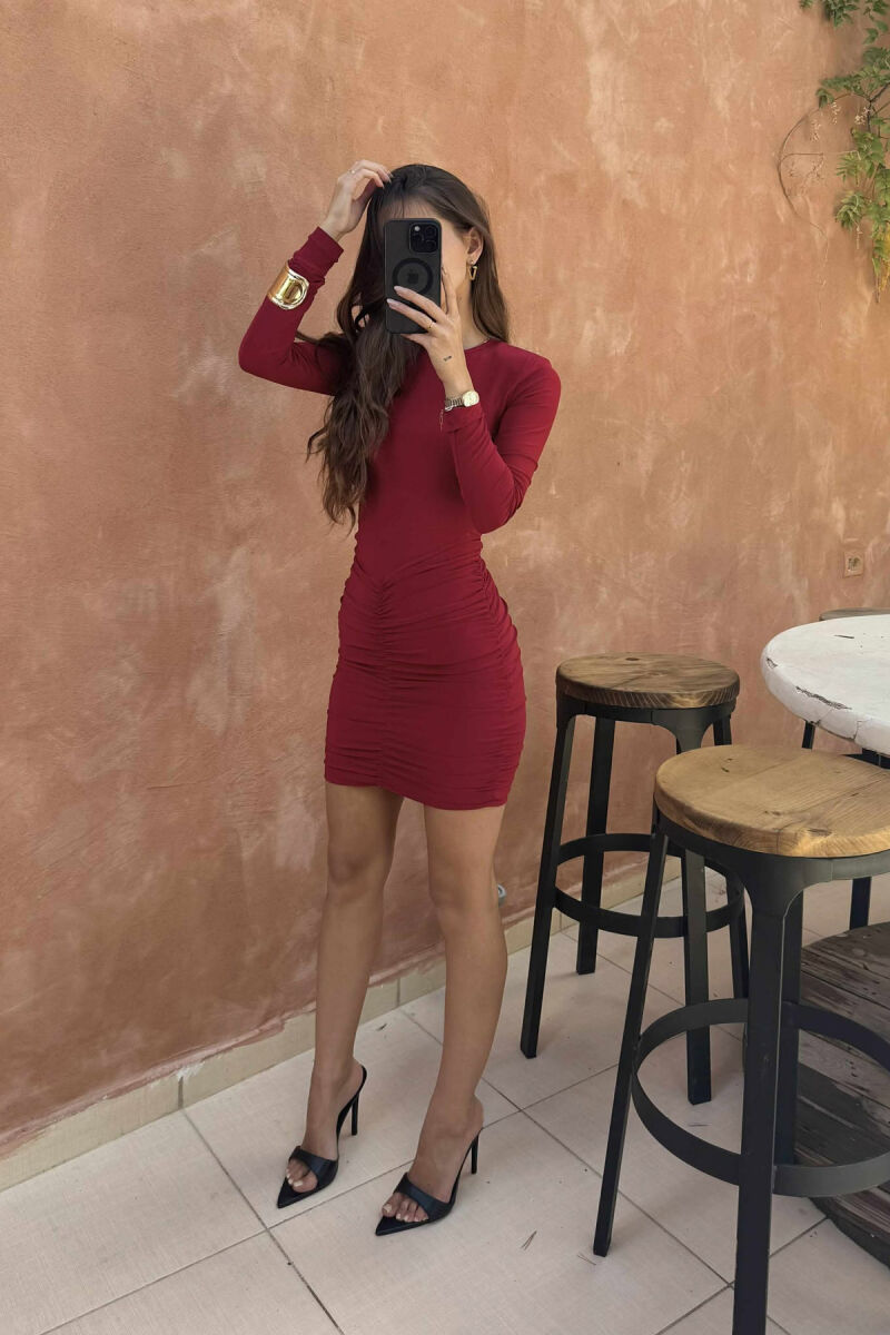 FUSTAN NJËNGJYRËSH I SHKURTËR ME MËNGË TË GJATA PËR FEMRA NË NGJYRËN VISHNJÊ - 2