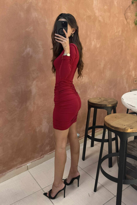 FUSTAN NJËNGJYRËSH I SHKURTËR ME MËNGË TË GJATA PËR FEMRA NË NGJYRËN VISHNJÊ - 4