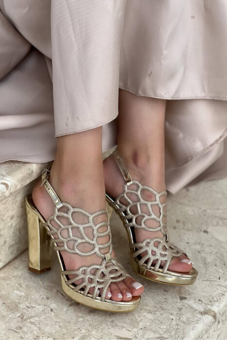 GLITTER THICK HEEL WOMAN HIGH HEEL GOLDEN ROD/GOLD - KLAUDIO FASHION