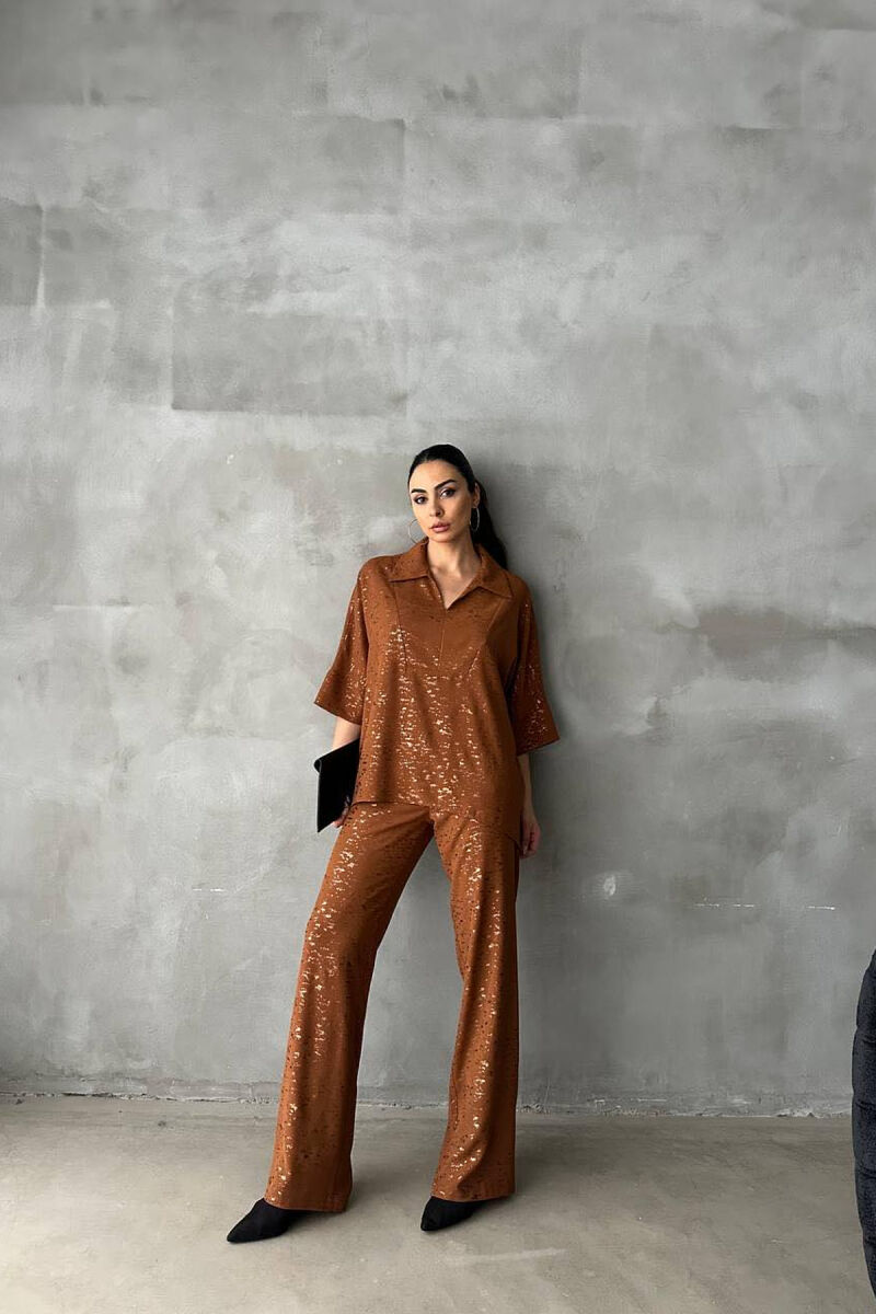GLOSSY DETAILS ONE COLOR WOMEN SET BROWN/KAFE - 4