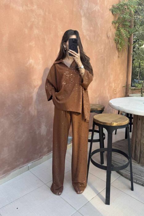 GLOSSY DETAILS ONE COLOR WOMEN SET BROWN/KAFE - 1