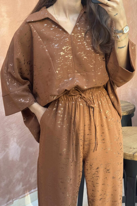 GLOSSY DETAILS ONE COLOR WOMEN SET BROWN/KAFE - 5