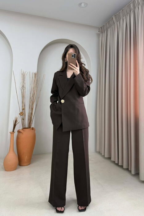 GOLD BUTTON CLASSIC JACKET+ TROUSERS WOMAN SET BROWN/KAFE - KLAUDIO FASHION