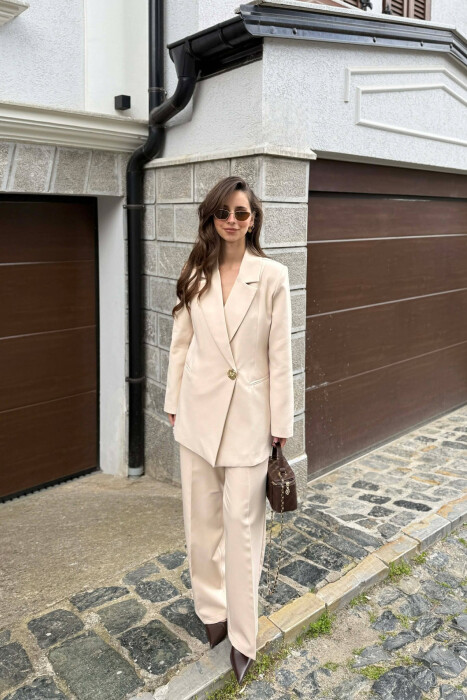 GOLD BUTTON CLASSIC JACKET+ TROUSERS WOMAN SET CREAM/KREM - KLAUDIO FASHION
