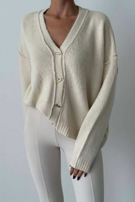 GOLD BUTTONS DETAIL KNITTED WOMEN CARDIGAN CREAM/KREM 