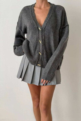 GOLD BUTTONS DETAIL KNITTED WOMEN CARDIGAN GREY/GRI 