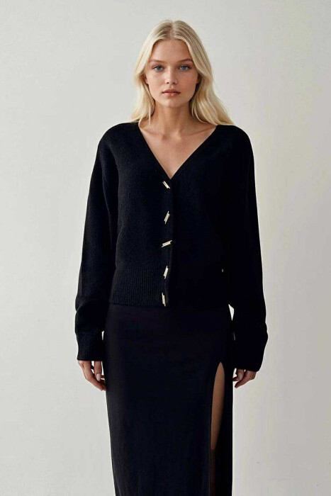 GOLD BUTTONS DETAIL ONE COLOR WOMEN CARDIGAN BLACK/ E ZEZE 